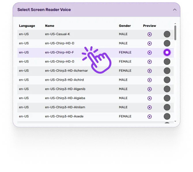 Screen reader voice selection interface displaying various voice options for user customization